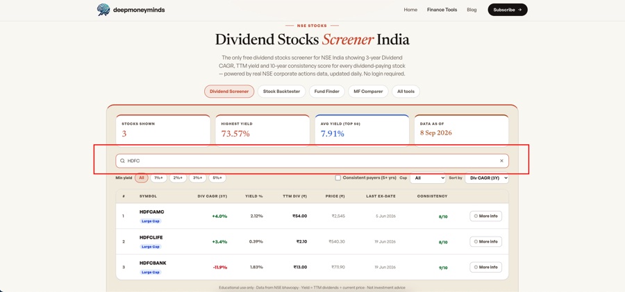 Search results for HDFC showing HDFCAMC, HDFCLIFE and HDFCBANK with their dividend CAGR, yield and consistency scores